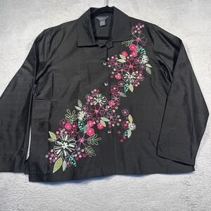 Van Heusen 100% Silk Floral Embroidered Button Down Top Women Large Blouse Black